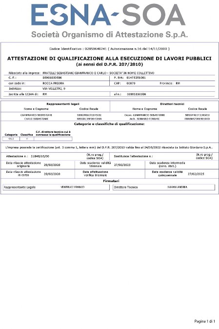 Attestazione di qualificazione alla esecuzione dei lavori pubblici SOA della Fratelli Sebastiani